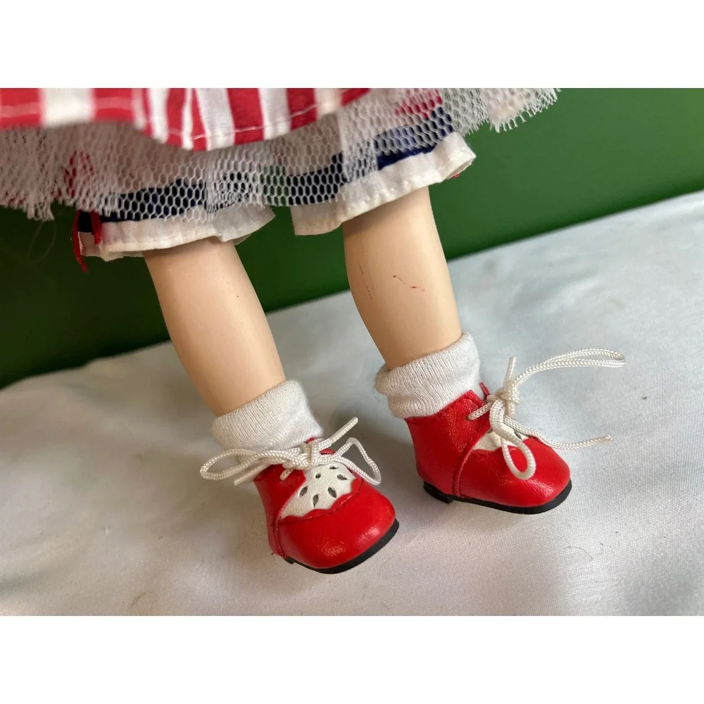 Vintage Porcelain Doll Patriotic USA Americana Red White Blue Auburn Hair 12in